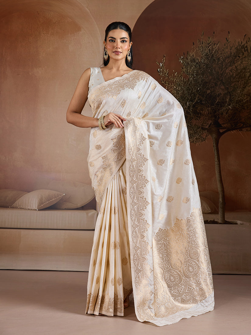 Monjolika Fashion Off White Blue Handloom Weaving Silk Blend Saree