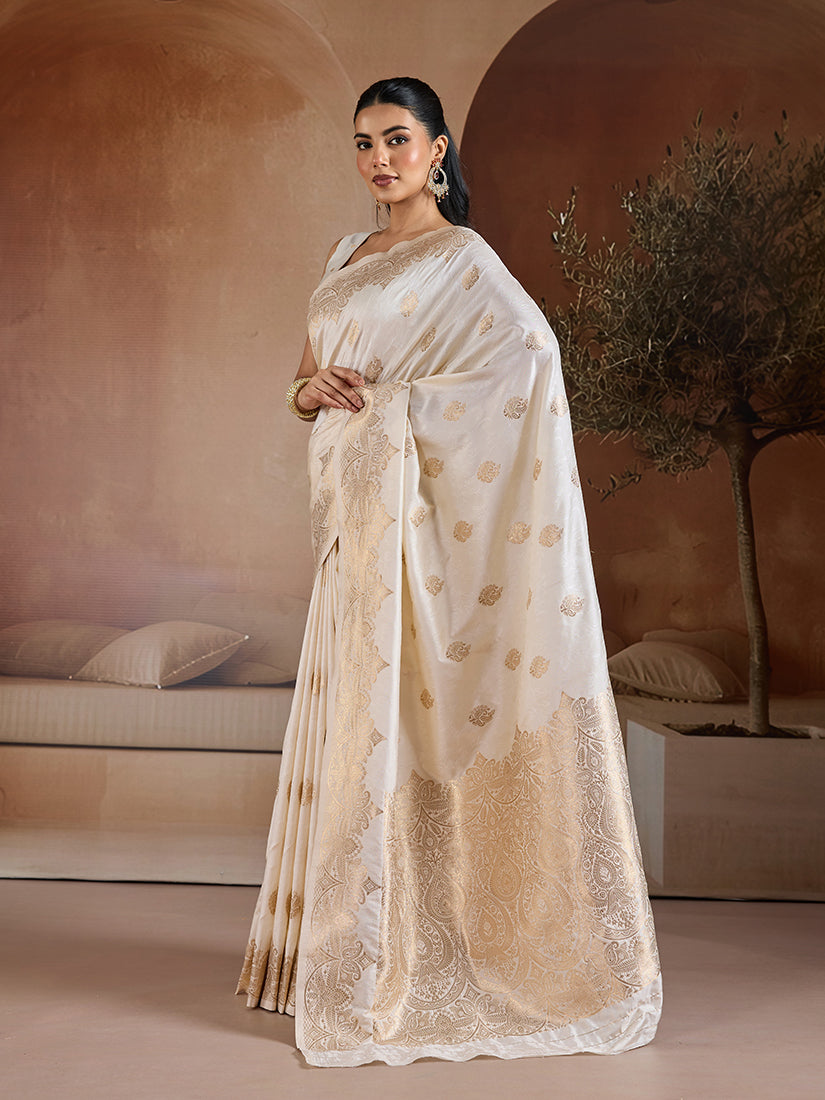 Monjolika Fashion Off White Blue Handloom Weaving Silk Blend Saree