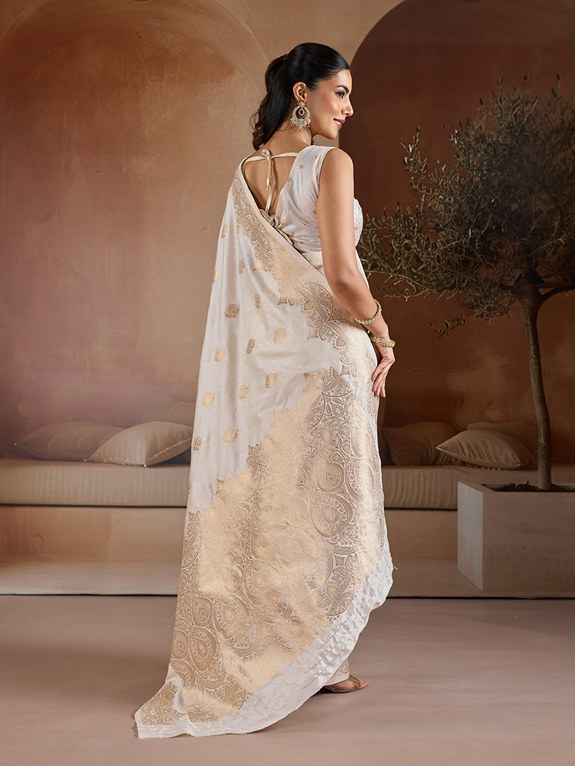 Monjolika Fashion Off White Blue Handloom Weaving Silk Blend Saree