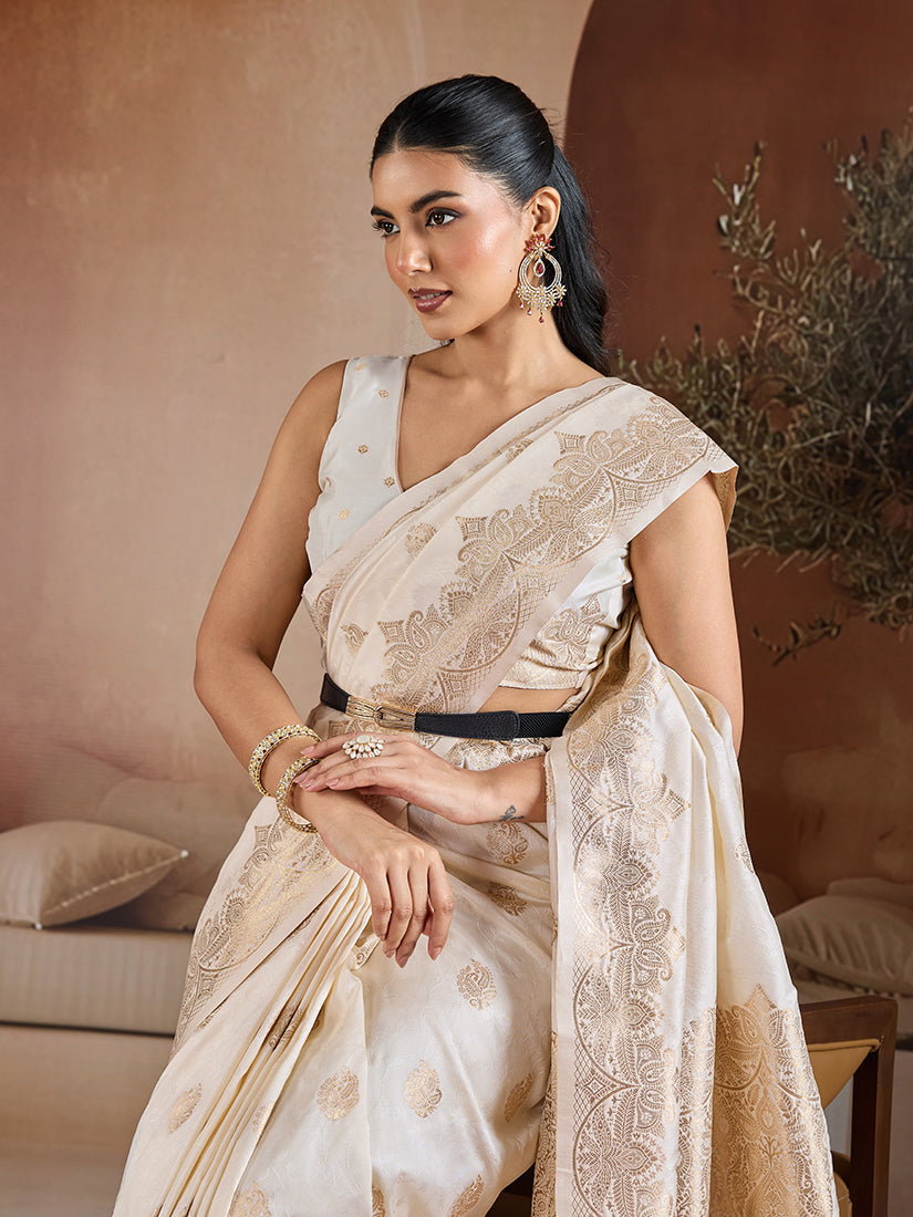Monjolika Fashion Off White Blue Handloom Weaving Silk Blend Saree