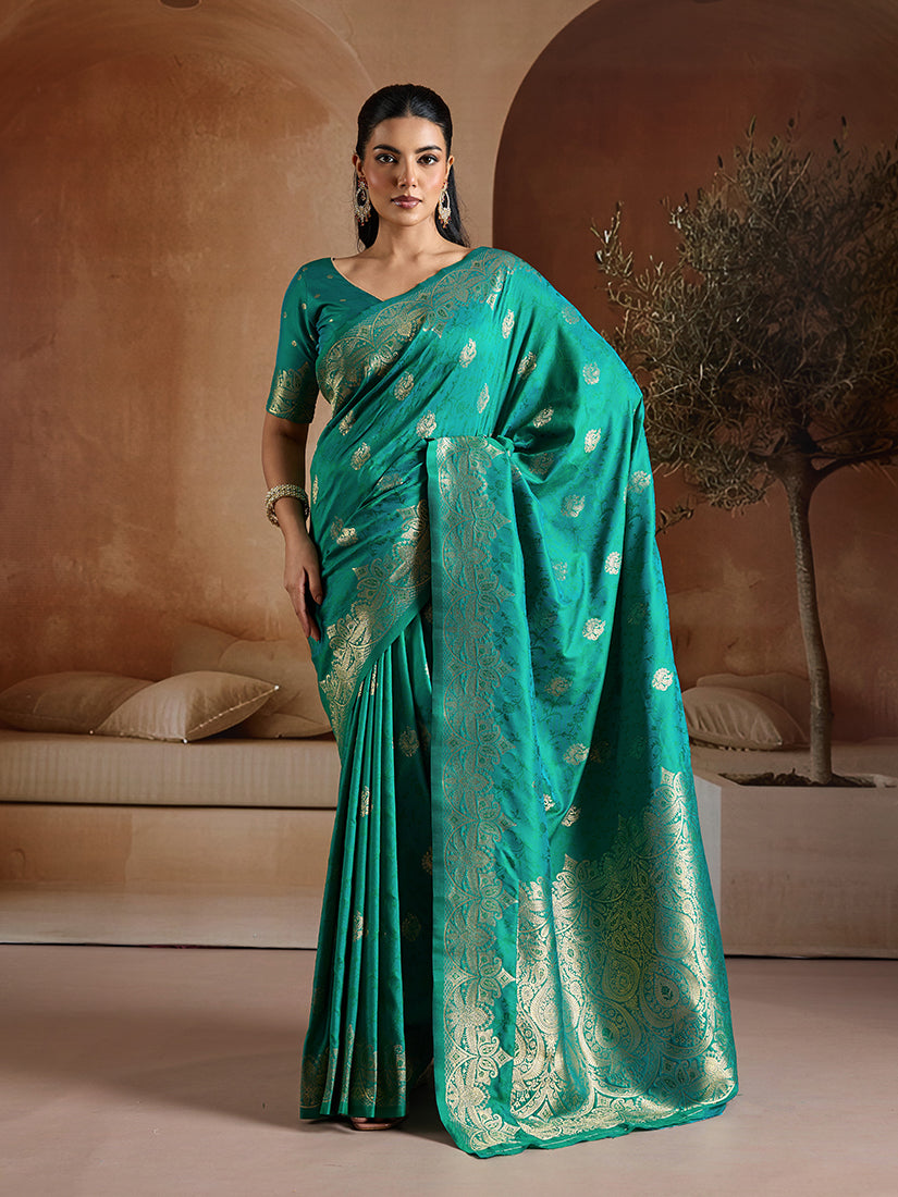 Monjolika Fashion Teal Green Handloom Weaving Silk Blend Saree