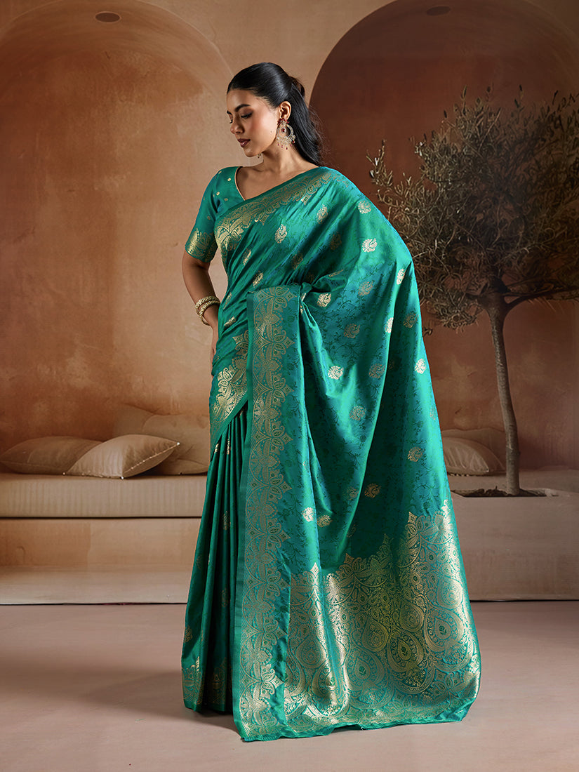 Monjolika Fashion Teal Green Handloom Weaving Silk Blend Saree