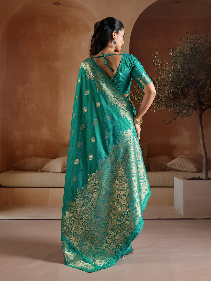 Monjolika Fashion Teal Green Handloom Weaving Silk Blend Saree