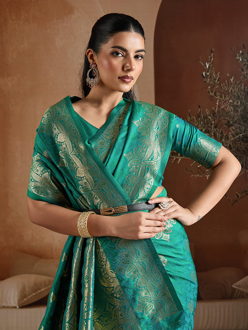 Monjolika Fashion Teal Green Handloom Weaving Silk Blend Saree