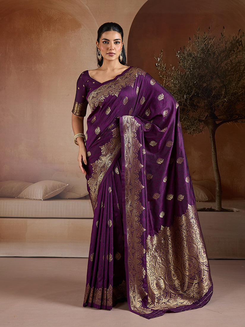 Monjolika Fashion Purple Handloom Weaving Silk Blend Saree