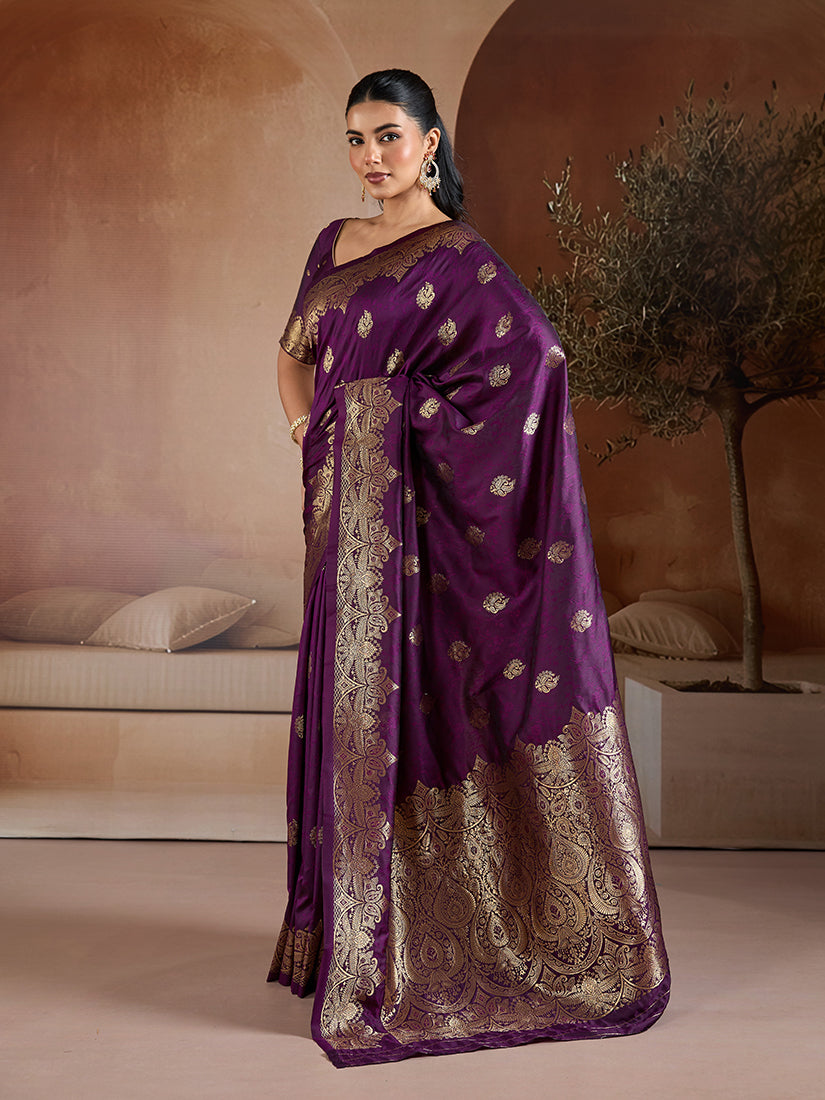 Monjolika Fashion Purple Handloom Weaving Silk Blend Saree