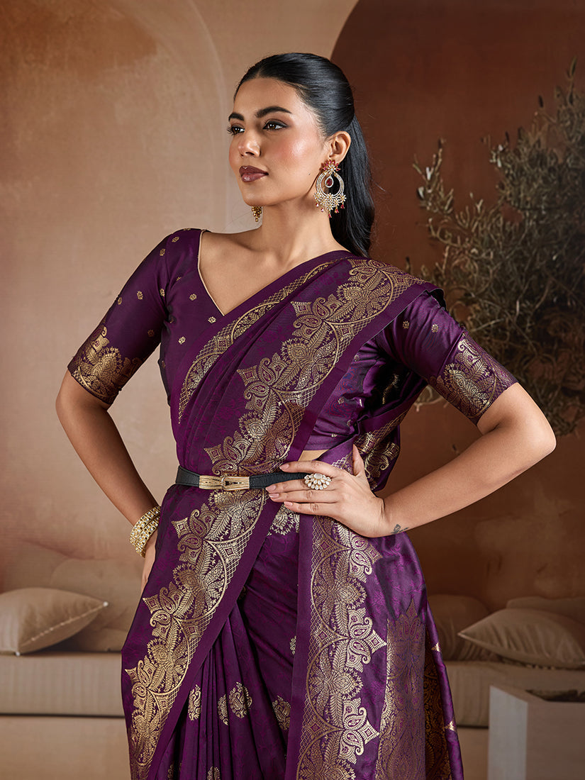 Monjolika Fashion Purple Handloom Weaving Silk Blend Saree