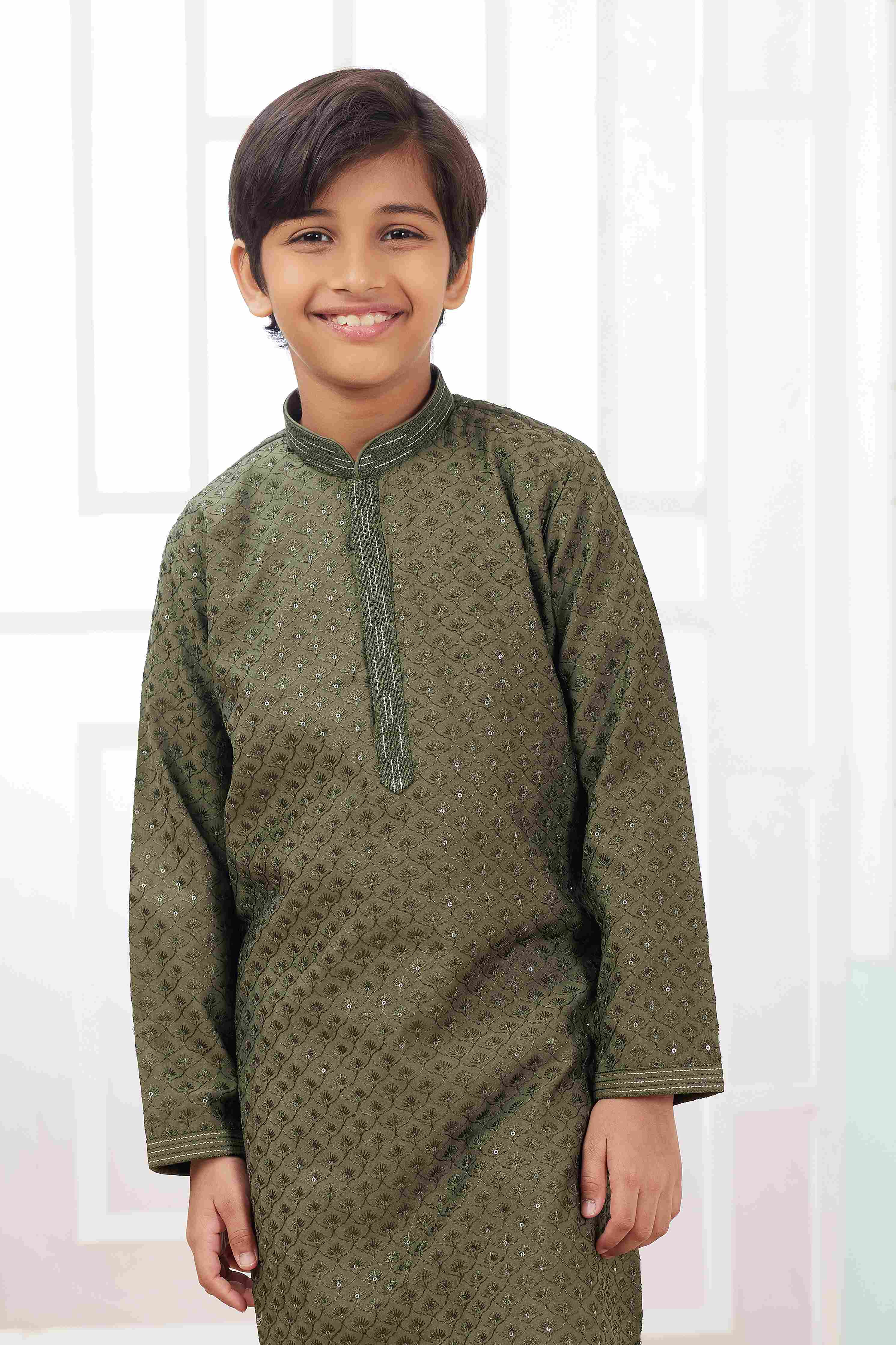 Raivat Ethnic Art Silk Embroidery Work Kids Kurta Pajama In Green Colour