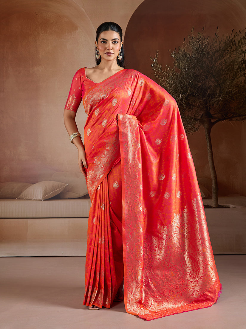 Monjolika Fashion Salmon Handloom Weaving Silk Blend Saree