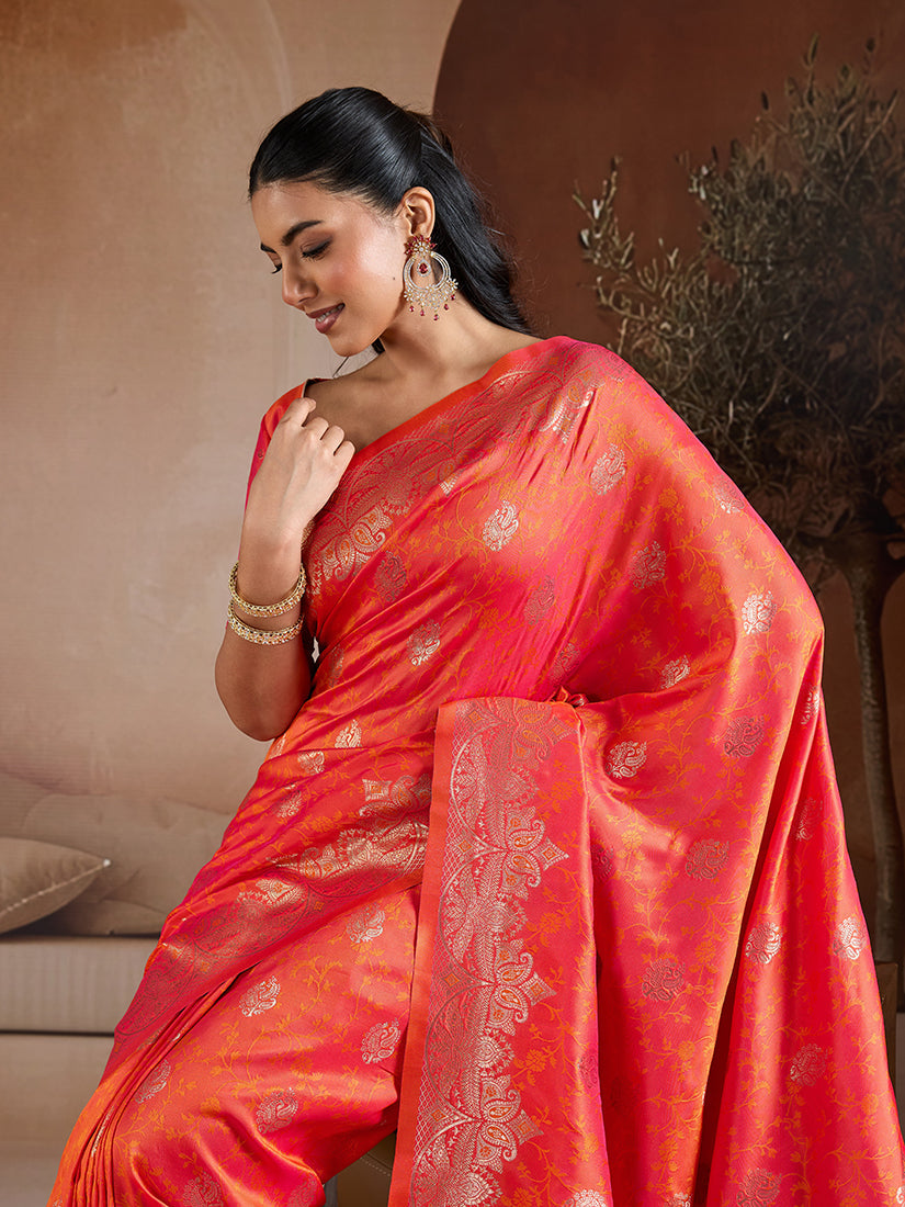 Monjolika Fashion Salmon Handloom Weaving Silk Blend Saree
