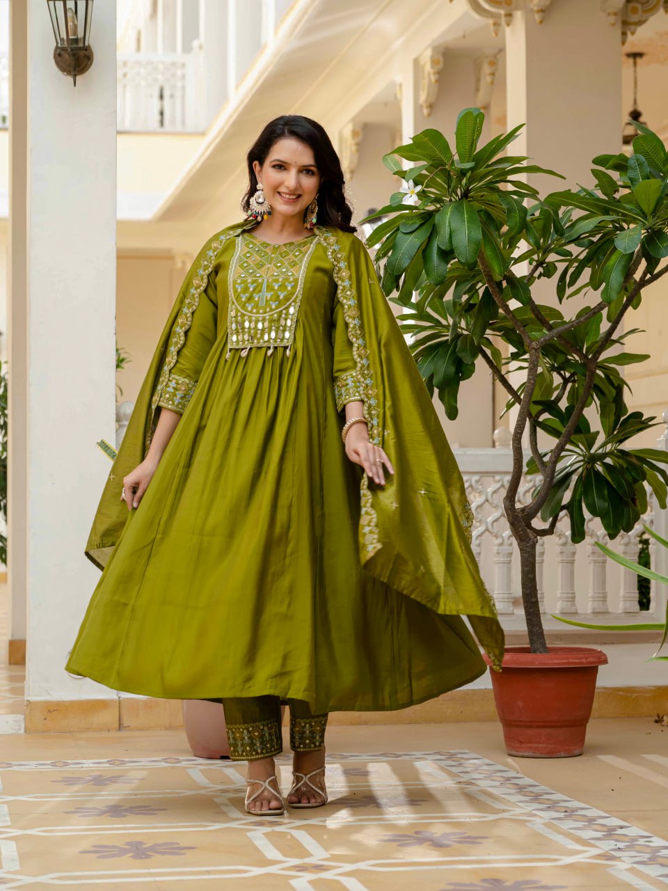 Pramukh Fab Olive Color Roman Silk Kurta Set