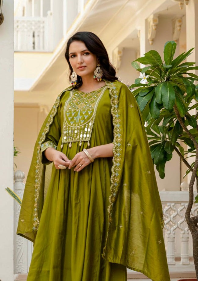 Pramukh Fab Olive Color Roman Silk Kurta Set