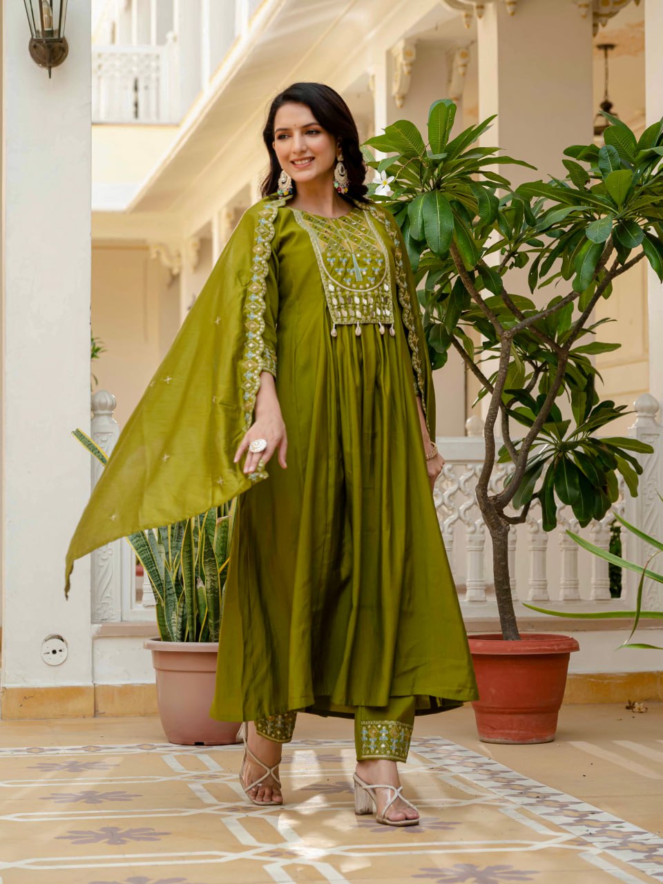 Pramukh Fab Olive Color Roman Silk Kurta Set