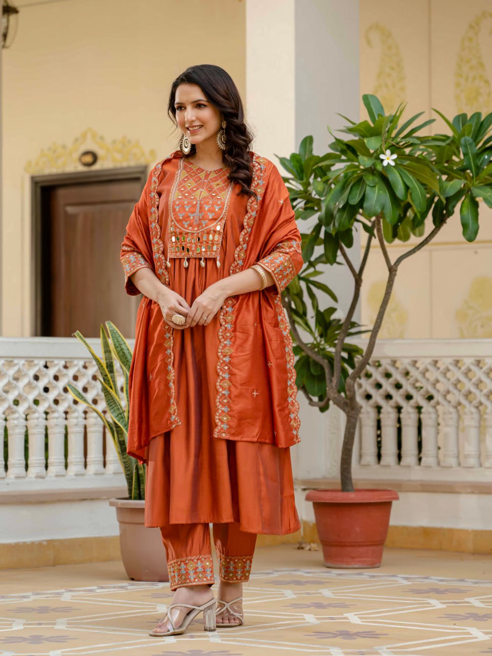 Pramukh Fab Orange Color Roman Silk Kurta Set