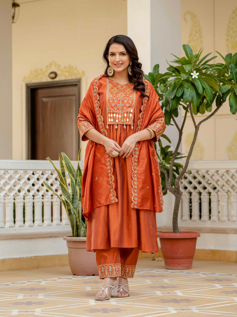 Pramukh Fab Orange Color Roman Silk Kurta Set