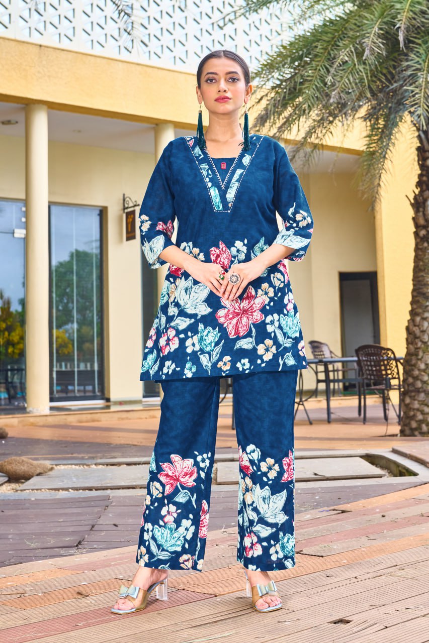 Pramukh Fab Teal Color Cotton Co-ord Set