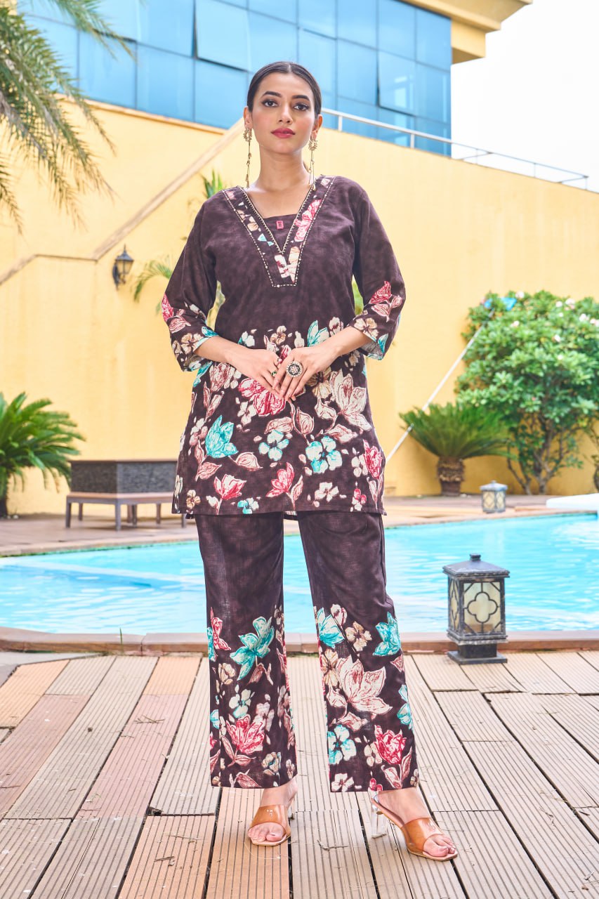 Pramukh Fab Dark Brown Color Cotton Co-ord Set