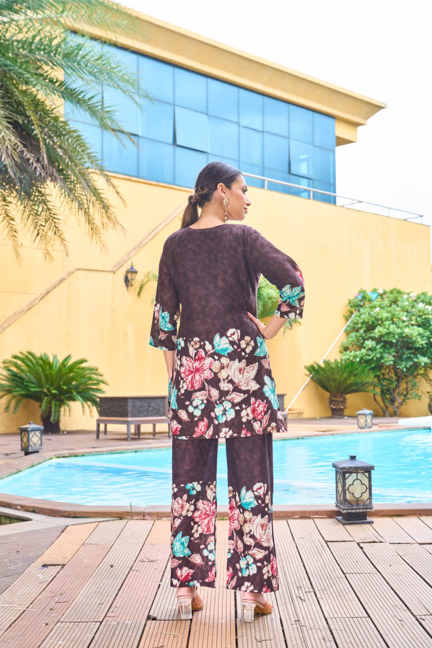 Pramukh Fab Dark Brown Color Cotton Co-ord Set