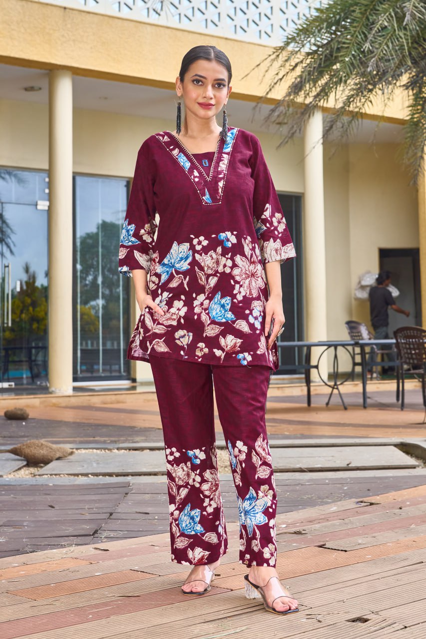 Pramukh Fab Maroon Color Cotton Co-ord Set