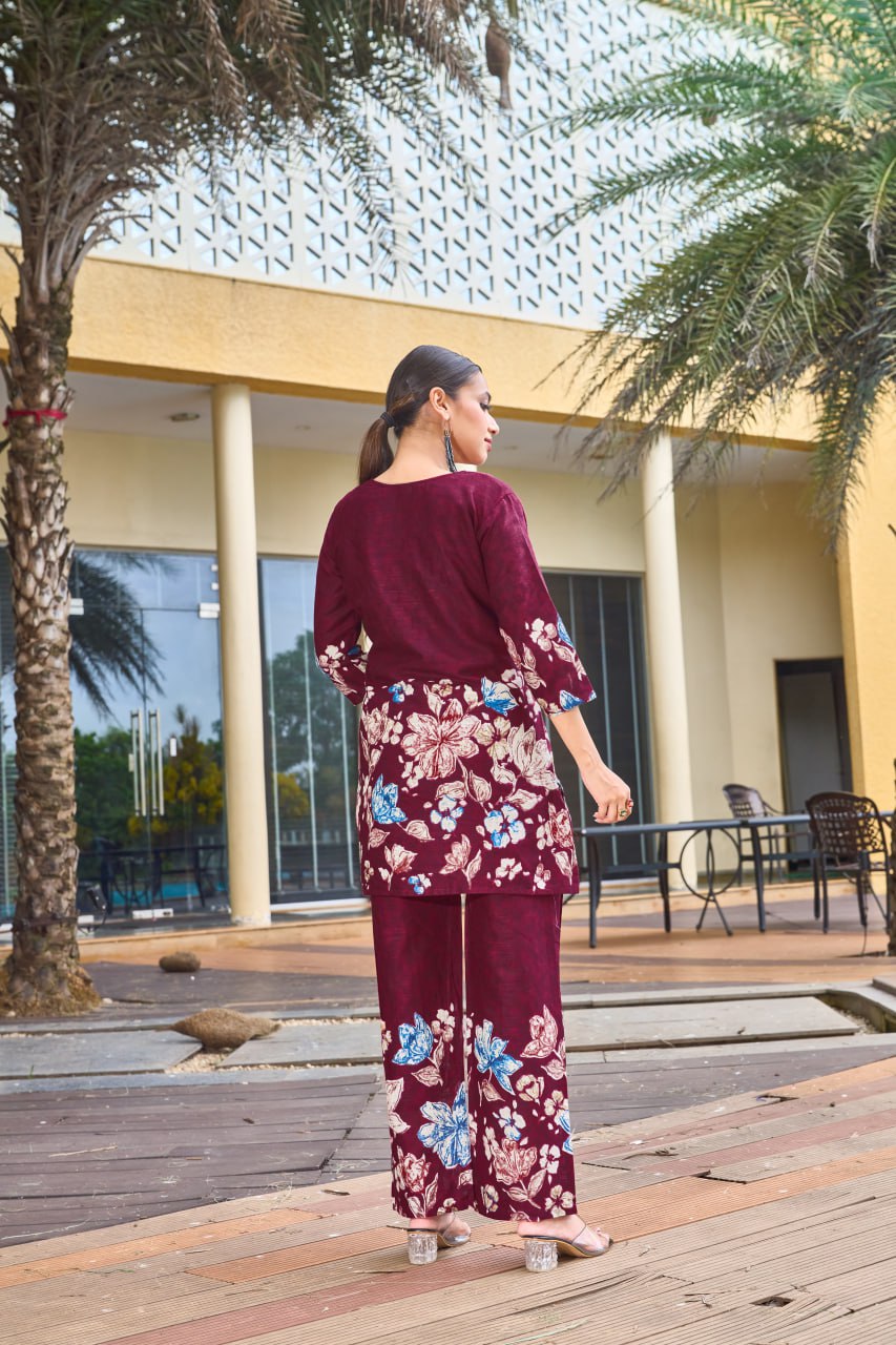Pramukh Fab Maroon Color Cotton Co-ord Set