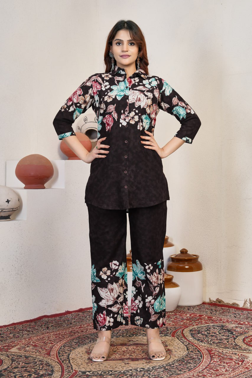 Pramukh Fab Dark Brown Color Cotton Co-ord Set