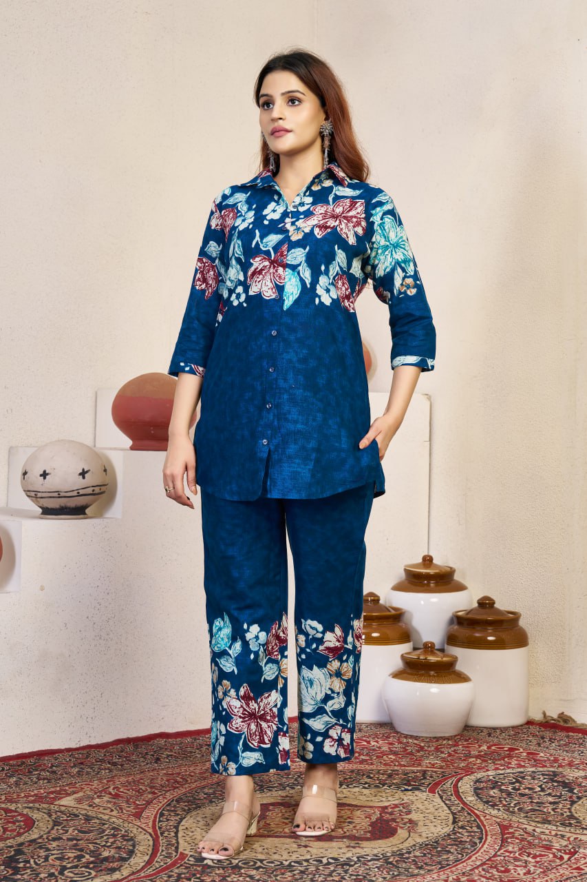 Pramukh Fab Teal Color Cotton Co-ord Set