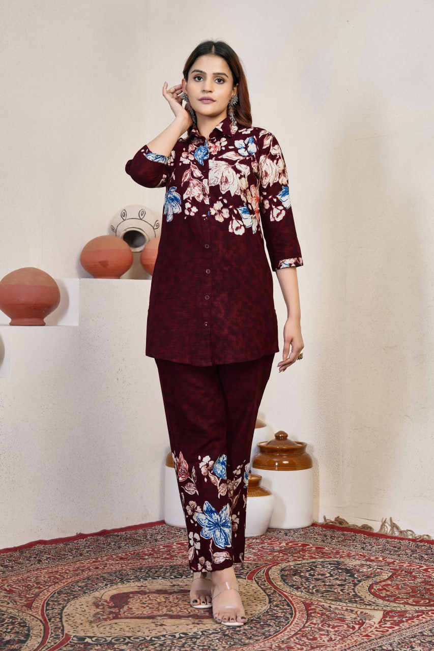 Pramukh Fab Maroon Color Cotton Co-ord Set