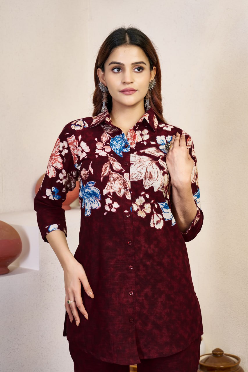 Pramukh Fab Maroon Color Cotton Co-ord Set