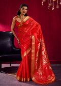 Monjolika Fashion Red Weaving Satin Linen Silk Saree