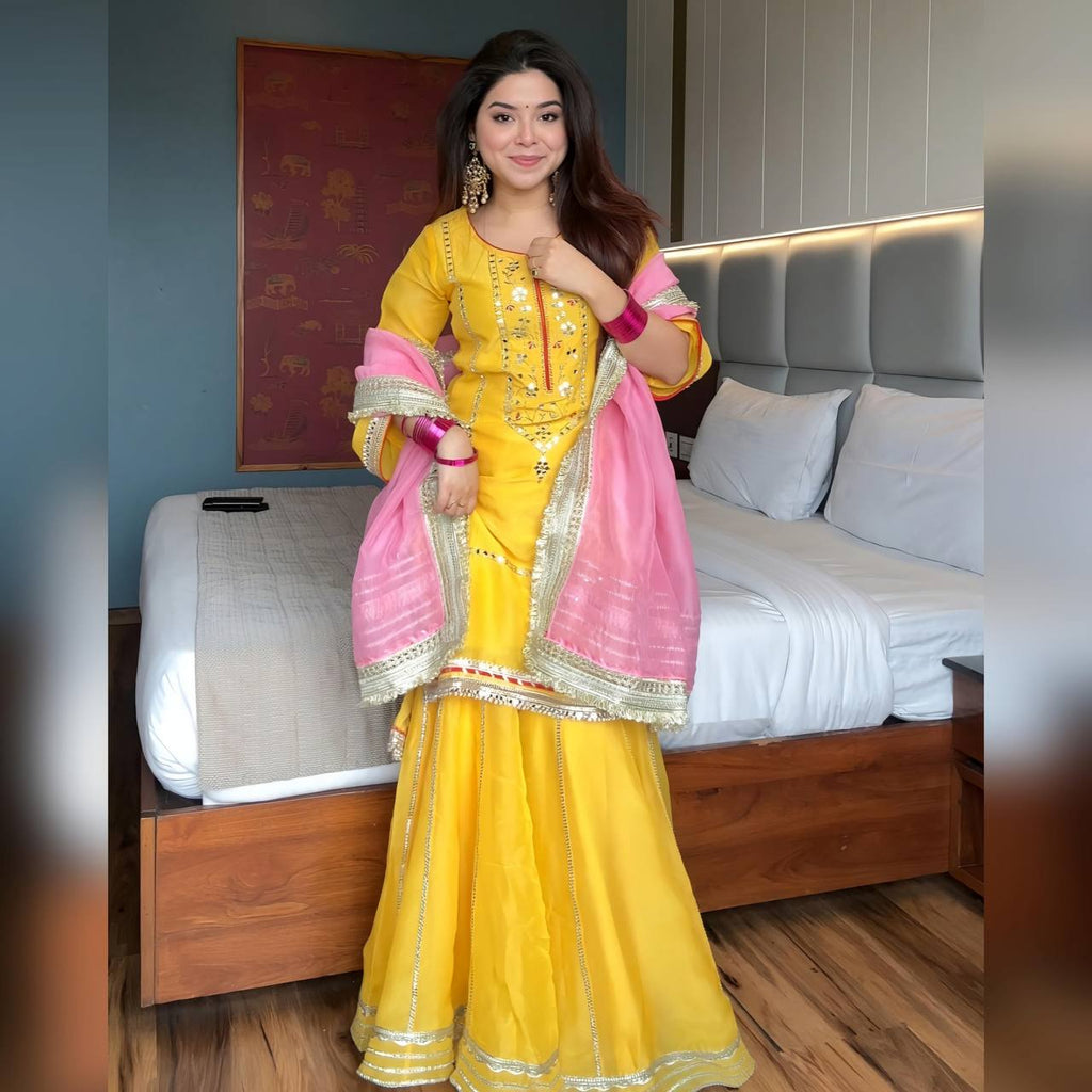 Yash Enterprise Yellow Chinon Silk Party Wear Sharara Suit Set
