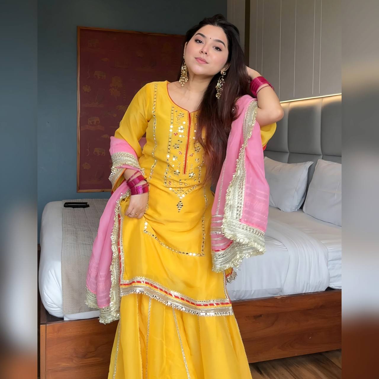 Yash Enterprise Yellow Chinon Silk Party Wear Sharara Suit Set