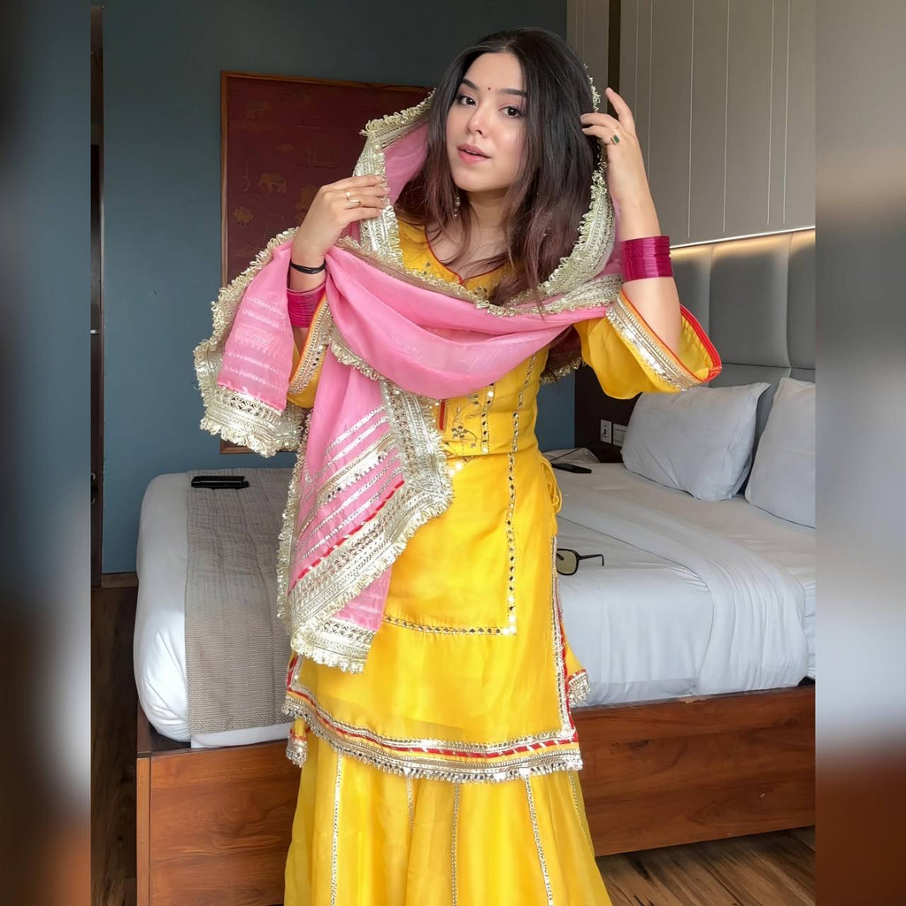 Yash Enterprise Yellow Chinon Silk Party Wear Sharara Suit Set