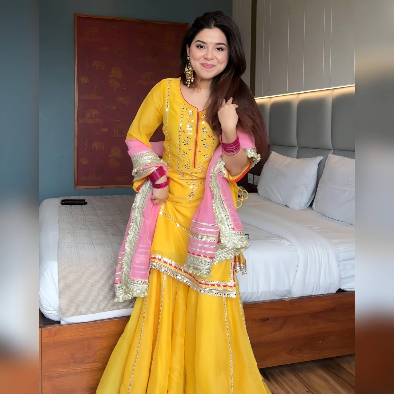 Yash Enterprise Yellow Chinon Silk Party Wear Sharara Suit Set
