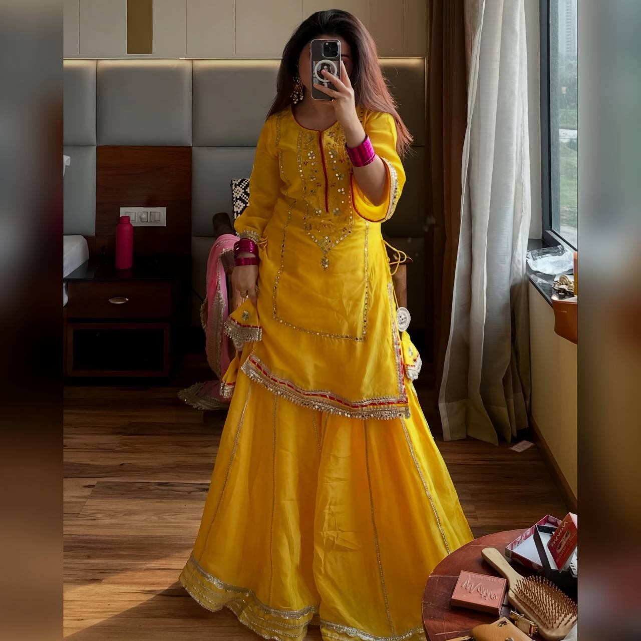 Yash Enterprise Yellow Chinon Silk Party Wear Sharara Suit Set