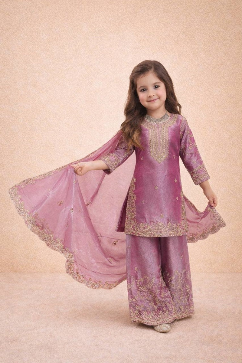 Evanik Pink Designer Party Wear Heavy Silk Kids Top Sharara & Dupatta Set