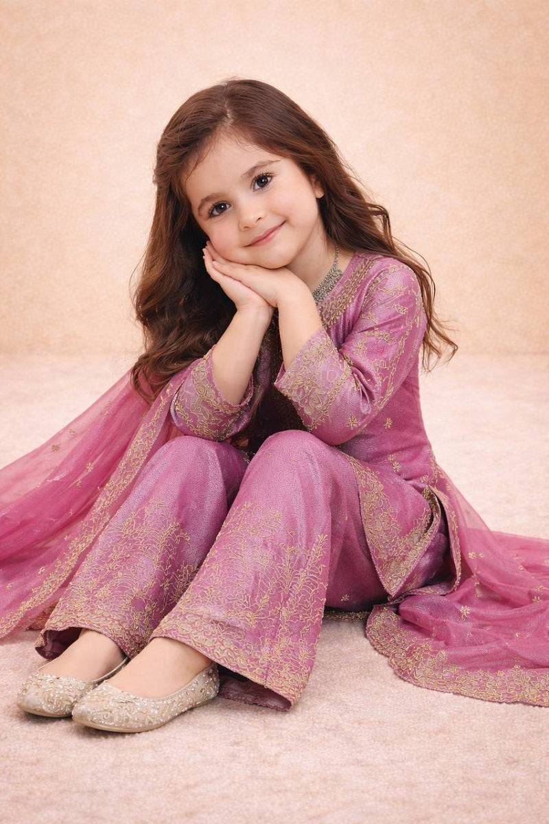 Evanik Pink Designer Party Wear Heavy Silk Kids Top Sharara & Dupatta Set
