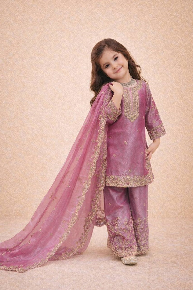 Evanik Pink Designer Party Wear Heavy Silk Kids Top Sharara & Dupatta Set