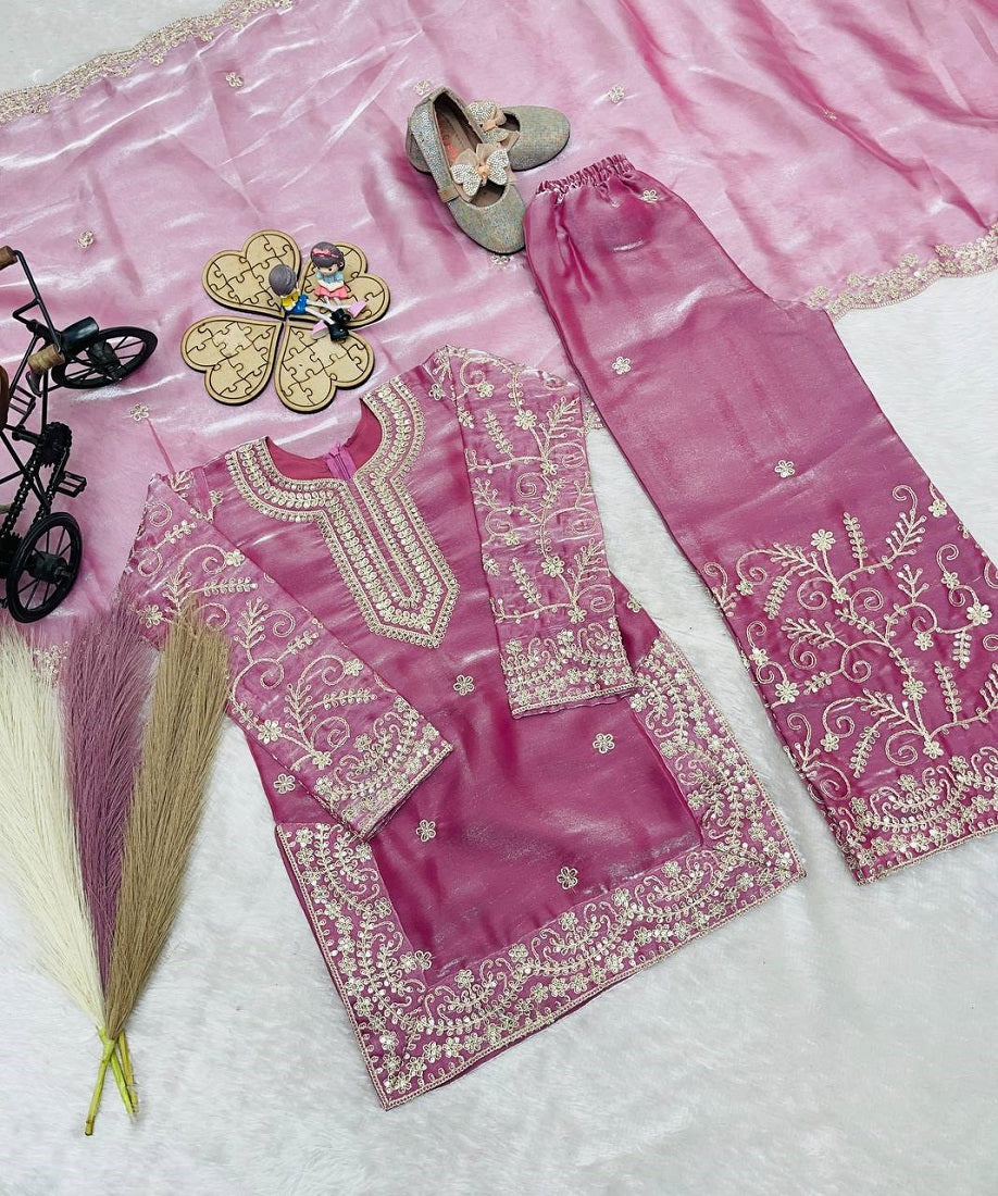 Evanik Pink Designer Party Wear Heavy Silk Kids Top Sharara & Dupatta Set