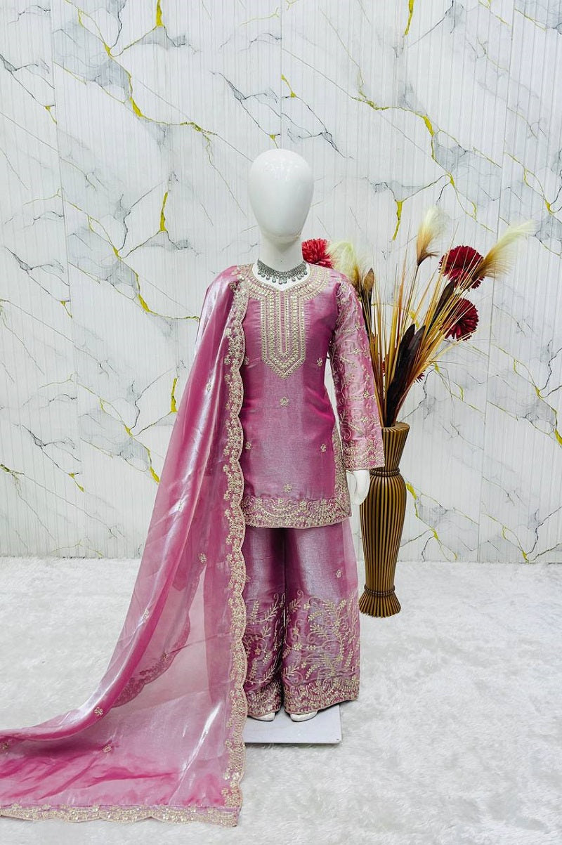 Evanik Pink Designer Party Wear Heavy Silk Kids Top Sharara & Dupatta Set