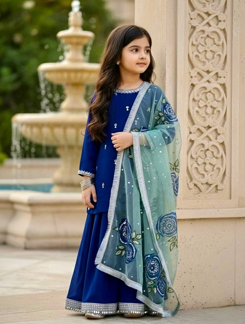 Evanik Blue Designer Viscose Velvet Embroidered Work Kids Kurta Palazzo Set
