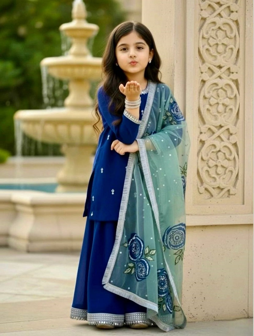 Evanik Blue Designer Viscose Velvet Embroidered Work Kids Kurta Palazzo Set
