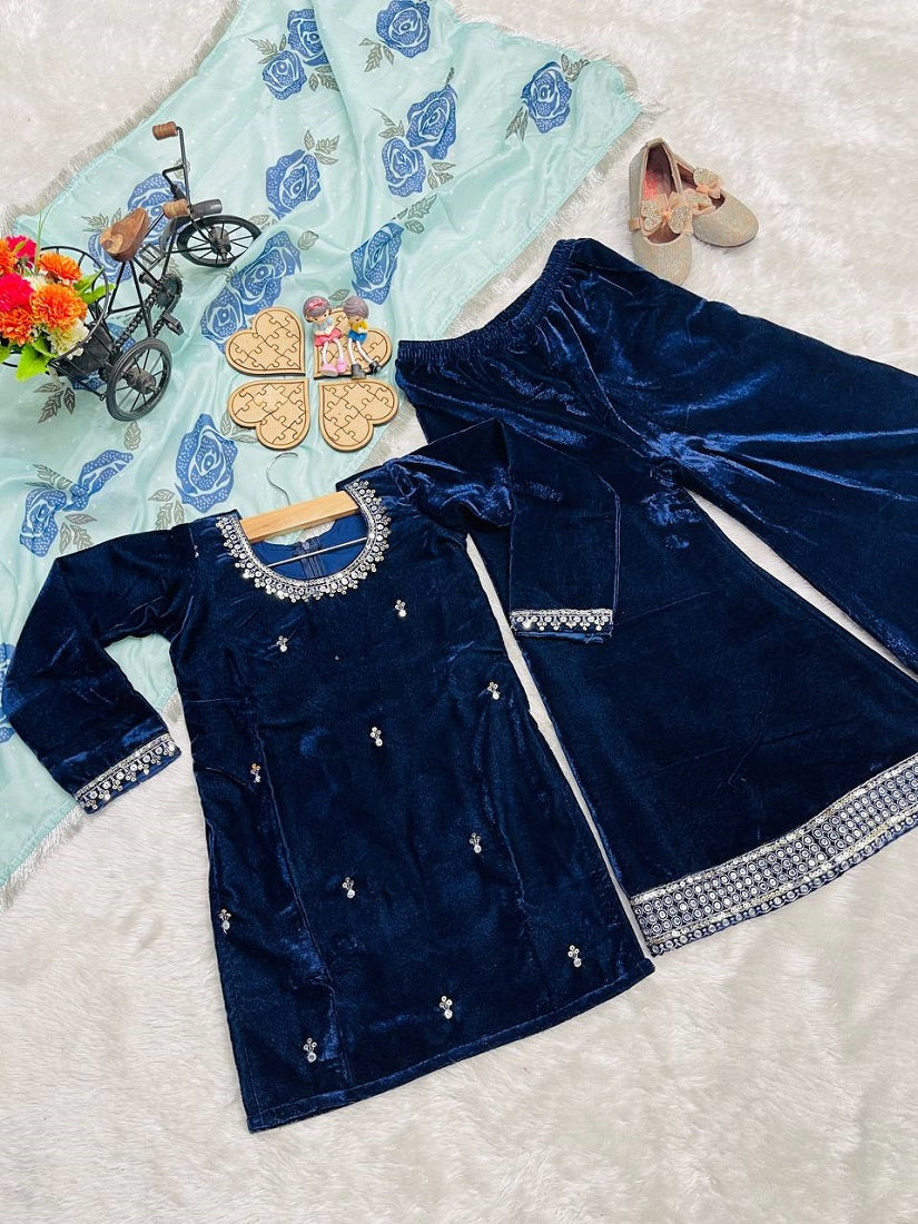 Evanik Blue Designer Viscose Velvet Embroidered Work Kids Kurta Palazzo Set
