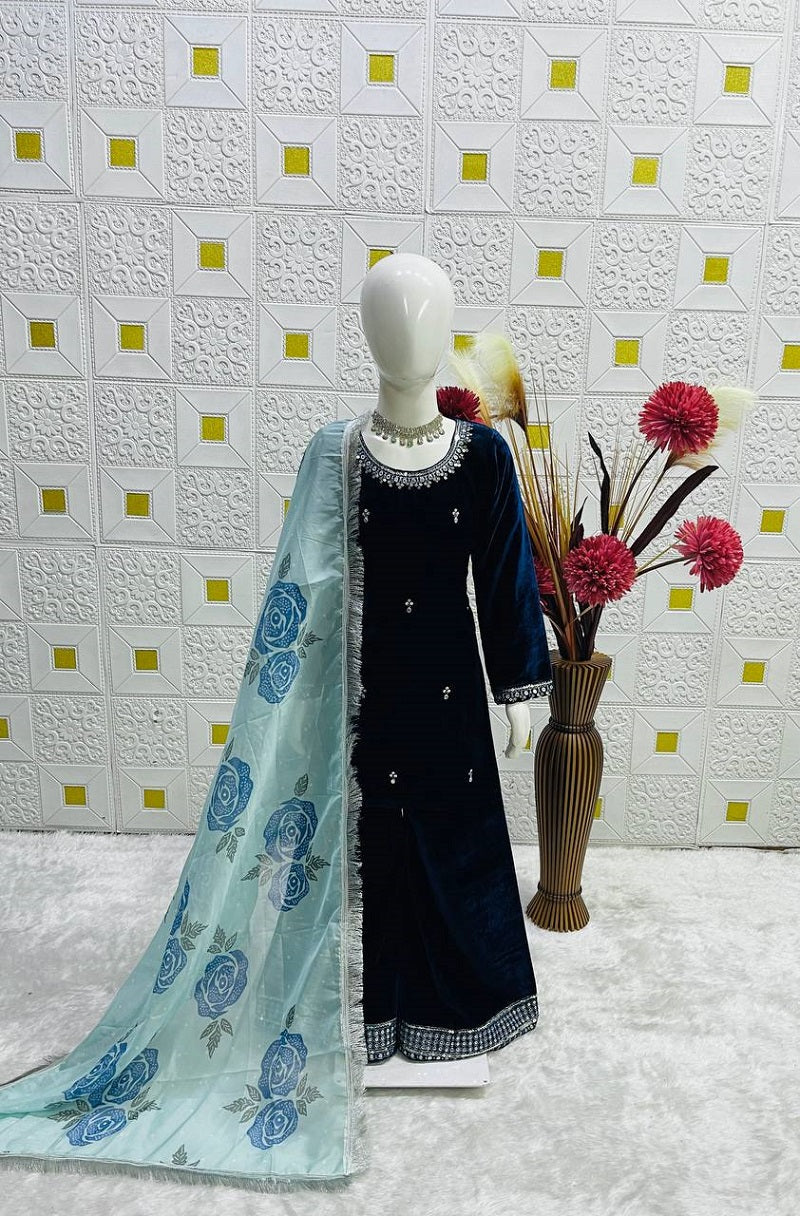 Evanik Blue Designer Viscose Velvet Embroidered Work Kids Kurta Palazzo Set