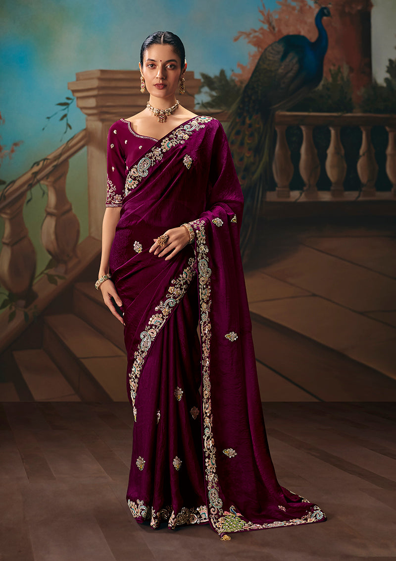 Monjolika Fashion Wine Fancy Fabric Saree With Embroidered Work
