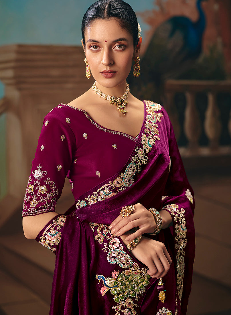 Monjolika Fashion Wine Fancy Fabric Saree With Embroidered Work