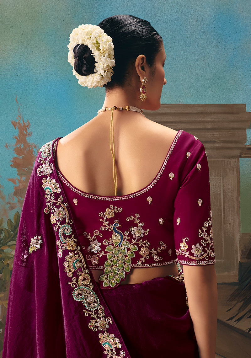 Monjolika Fashion Wine Fancy Fabric Saree With Embroidered Work