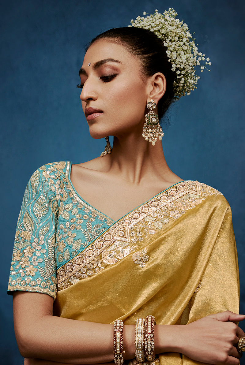 Monjolika Fashion Gold Fancy Fabric Embroidered Saree With Stitched Blouse