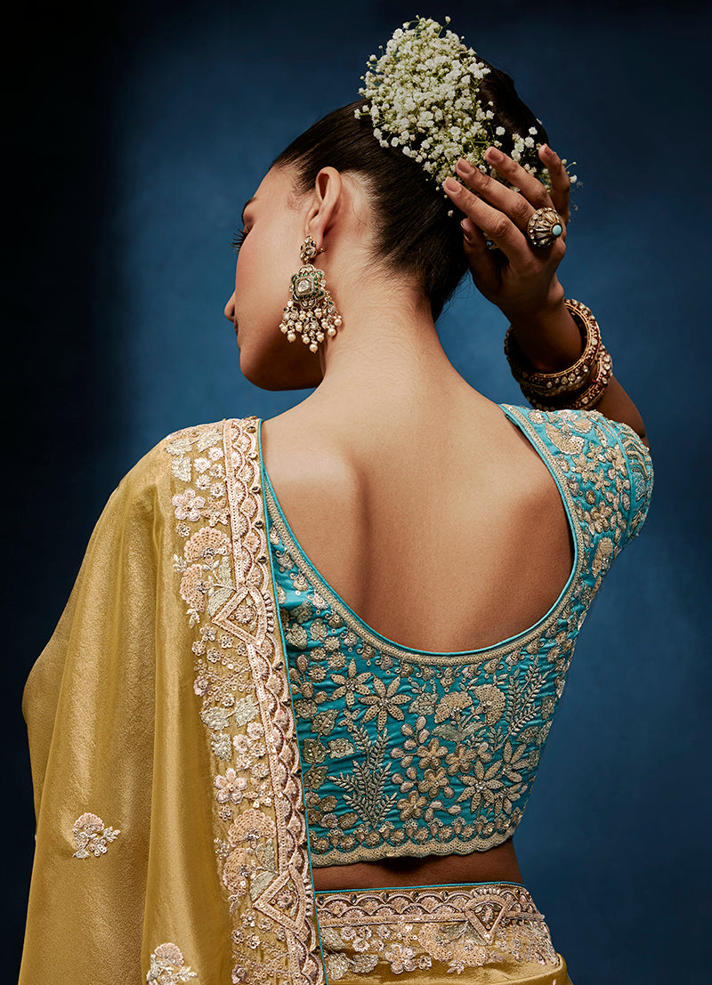 Monjolika Fashion Gold Fancy Fabric Embroidered Saree With Stitched Blouse
