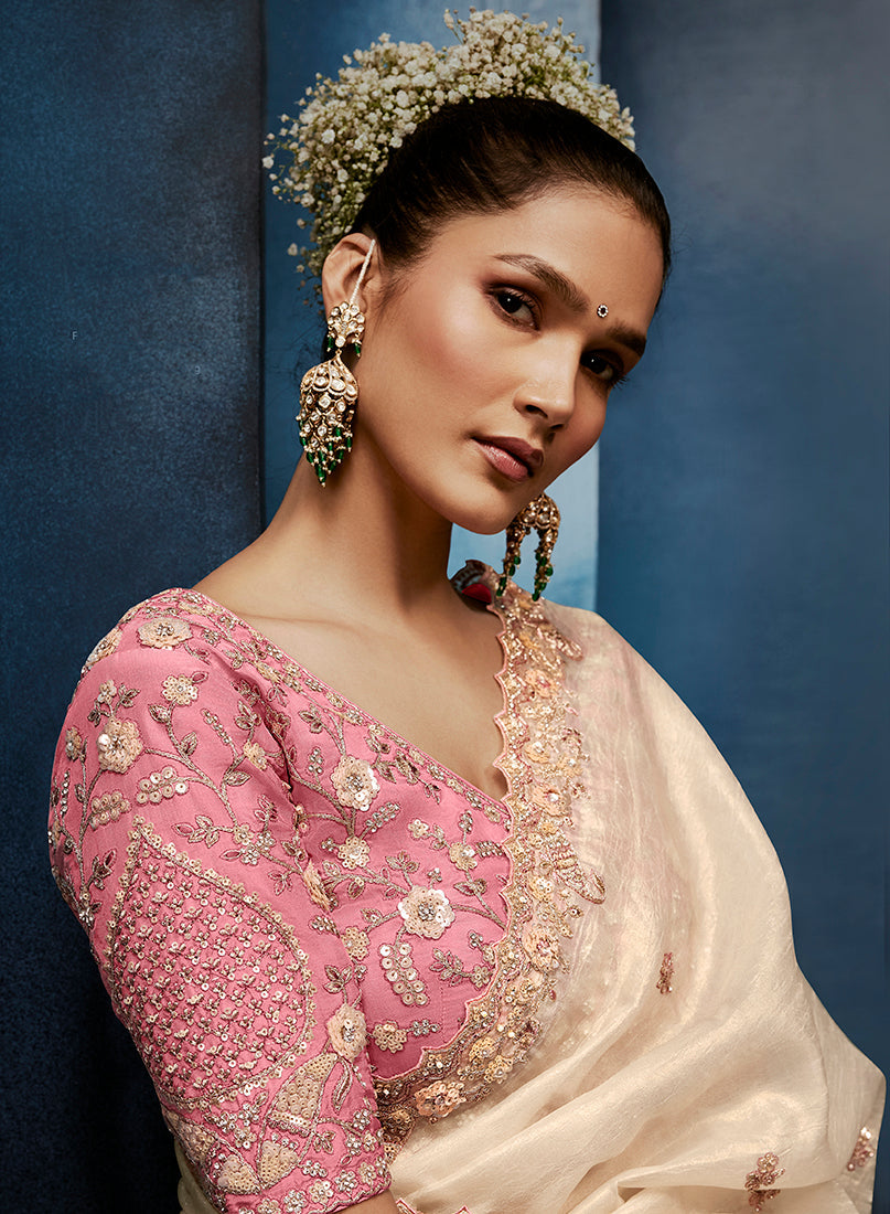 Monjolika Fashion Cream Fancy Fabric Embroidered Saree With Stitched Blouse