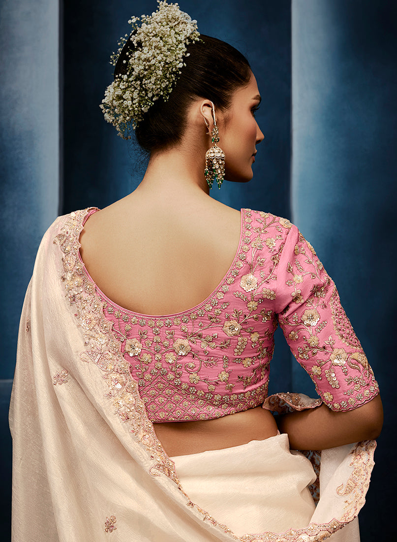Monjolika Fashion Cream Fancy Fabric Embroidered Saree With Stitched Blouse